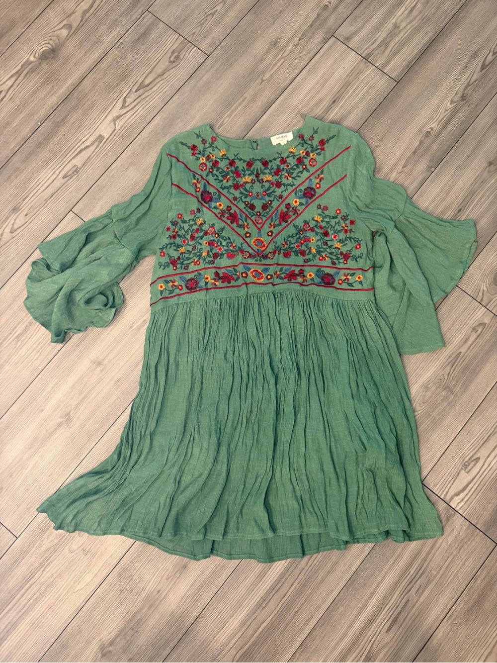Umgee Green Embroidered Mini Dress with Multicolor Floral Accents